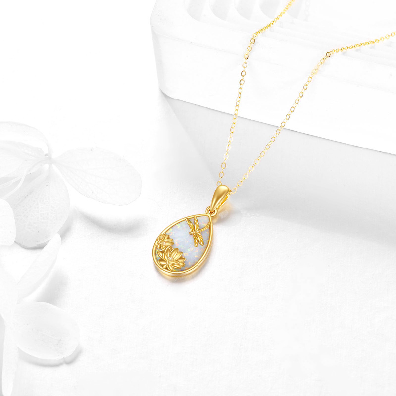 10K White Gold Pear Cut Opal Dragonfly & Lotus & Drop Shape Pendant Necklace-4