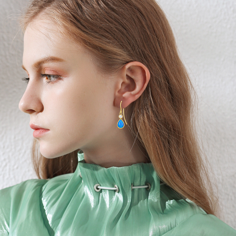 10K Gold Pear Shaped Opal Drop Earrings-2