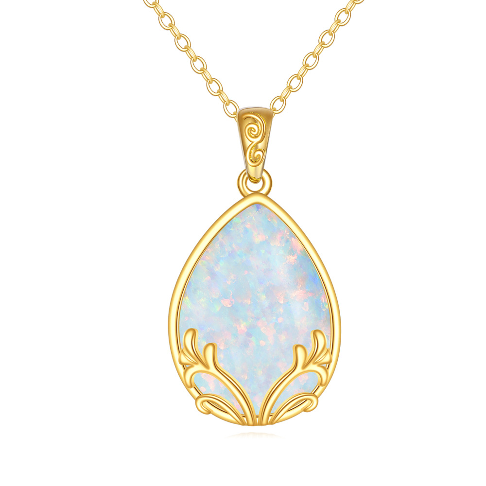 14K Goud Peervormige Opaal Druppelvormige Hanger Halsketting-1