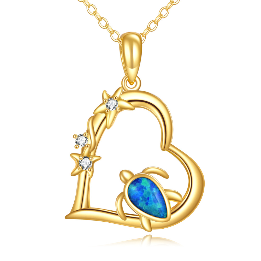 10K Yellow Gold Pear Cubic Zirconia With Opal Sea Turtle Heart Pendant Necklace For Women-1