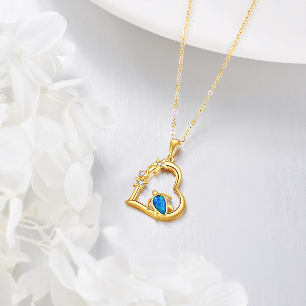 10K Yellow Gold Pear Cubic Zirconia With Opal Sea Turtle Heart Pendant Necklace For Women-3