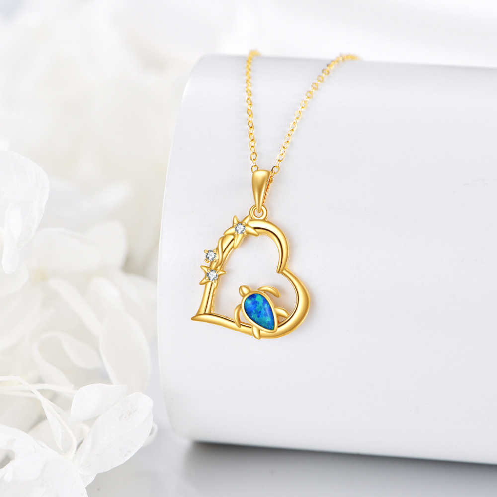 10K Yellow Gold Pear Cubic Zirconia With Opal Sea Turtle Heart Pendant Necklace For Women-4