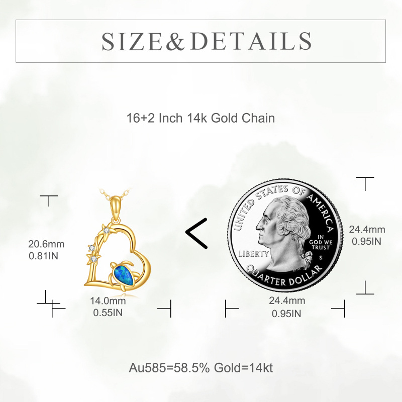 Collier pendentif en or jaune 14 carats avec zircon cubique en forme de poire et opale, représentant une tortue de mer en forme de cœur, pour femme.-5