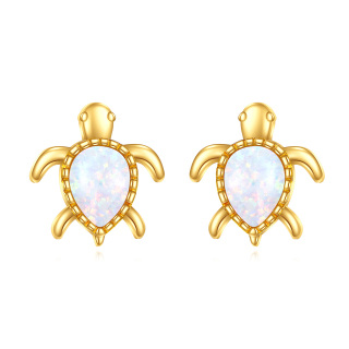 10K Gold Pear Shaped Opal Sea Turtle Stud Earrings-3