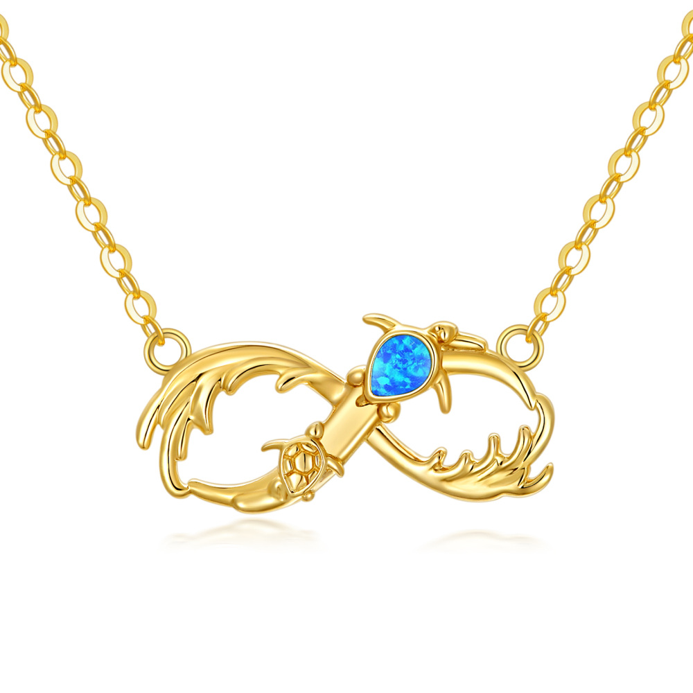 10K Gold Pear Shaped Opal Tortoise & Spray Pendant Necklace-1