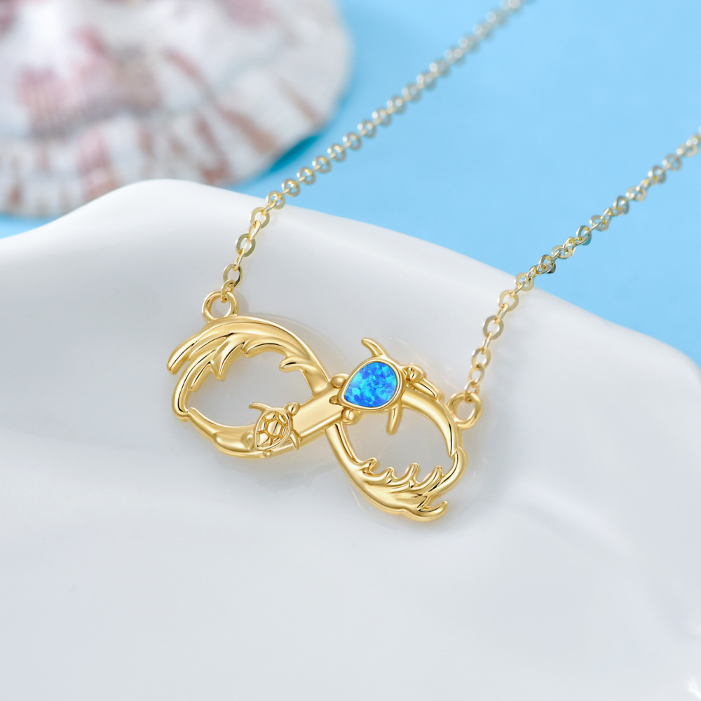 10K Gold Pear Shaped Opal Tortoise & Spray Pendant Necklace-3