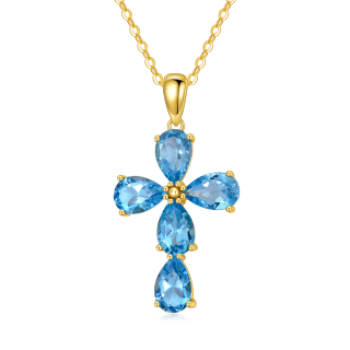 14K Gold Pear Shaped Topaz Cross Pendant Necklace-3