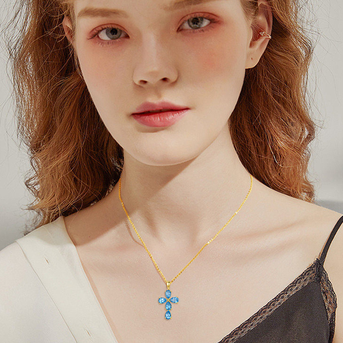 14K Gold Pear Shaped Topaz Cross Pendant Necklace-2