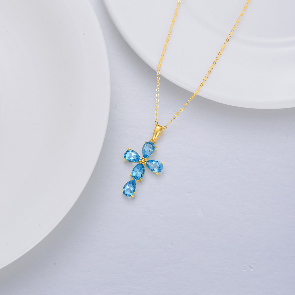 10K Gold Pear Shaped Topaz Cross Pendant Necklace-3