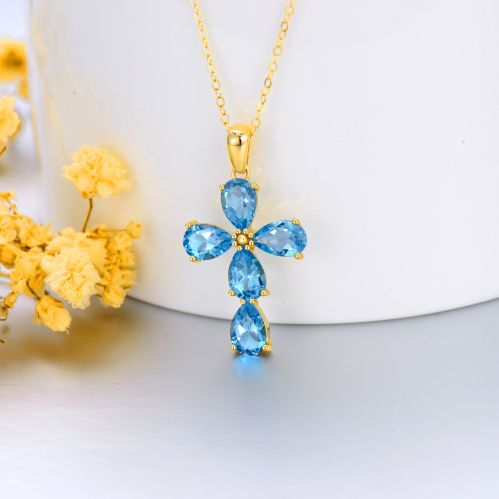10K Gold Pear Shaped Topaz Cross Pendant Necklace-4