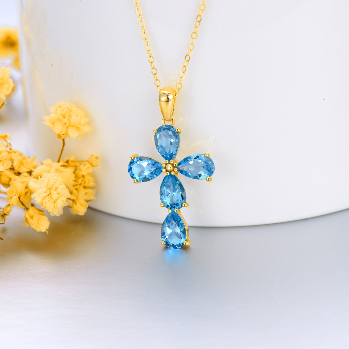 14K Gold Pear Shaped Topaz Cross Pendant Necklace-4