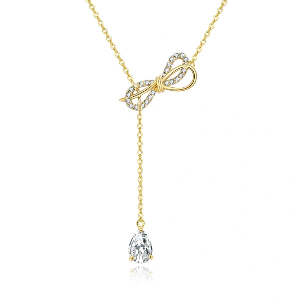 10K Gold Pear Shaped Zircon Bow & Drop Shape Adjustable Y Necklace-1