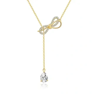 14K Gold Pear Shaped Zircon Bow & Drop Shape Adjustable Y Necklace-4