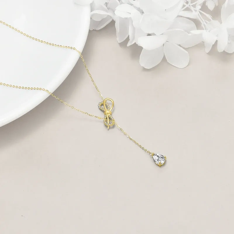 14K Gold Pear Shaped Zircon Bow & Drop Shape Adjustable Y Necklace-4