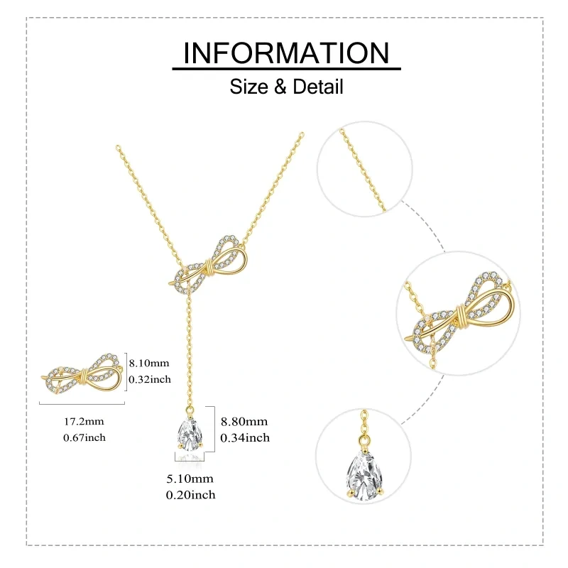 14K Gold Pear Shaped Zircon Bow & Drop Shape Adjustable Y Necklace-5