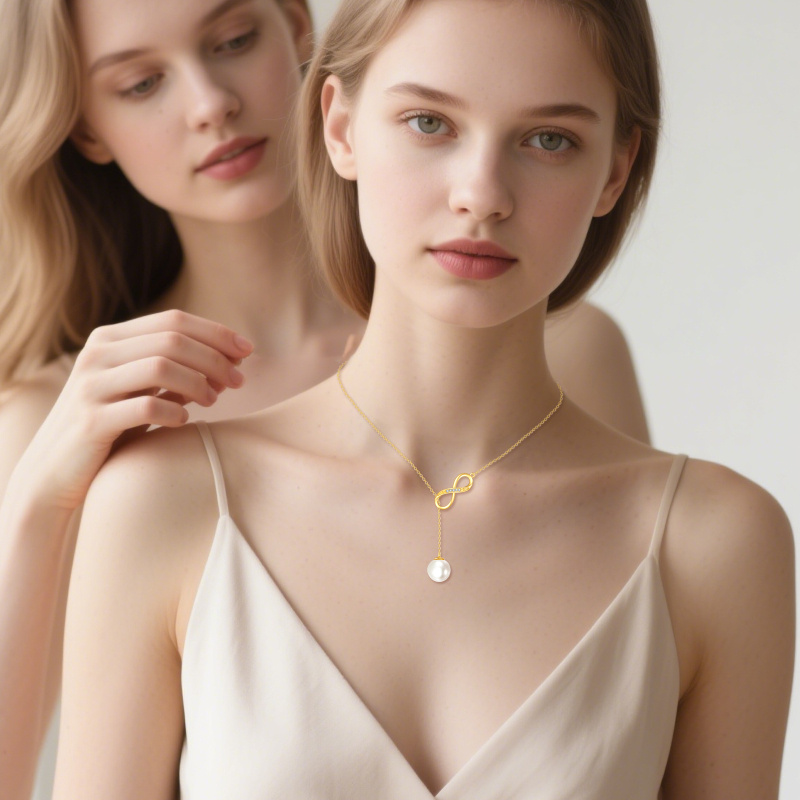 14K Gold Pearl Adjustable Y Necklace-2