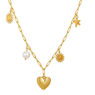 Sterling Silver with Yellow Gold Plated Pearl Angel Wing Heart Star & Sun Pendant Necklace-2