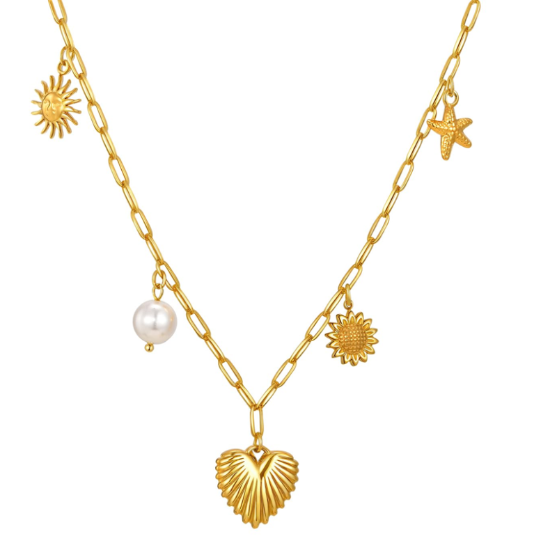Sterling Silver with Yellow Gold Plated Pearl Angel Wing Heart Star & Sun Pendant Necklace-19