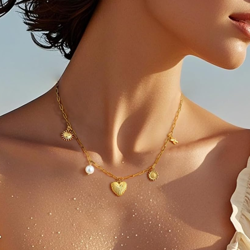 Sterling Silver with Yellow Gold Plated Pearl Angel Wing Heart Star & Sun Pendant Necklace-2