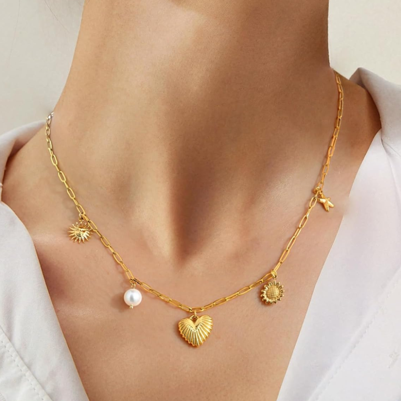 Sterling Silver with Yellow Gold Plated Pearl Angel Wing Heart Star & Sun Pendant Necklace-3