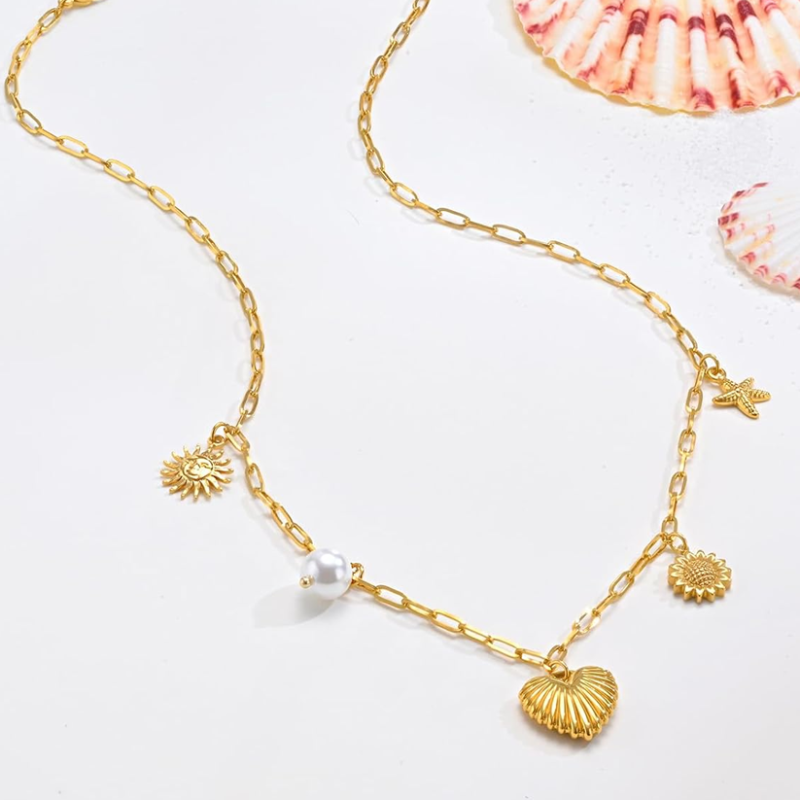 Sterling Silver with Yellow Gold Plated Pearl Angel Wing Heart Star & Sun Pendant Necklace-4