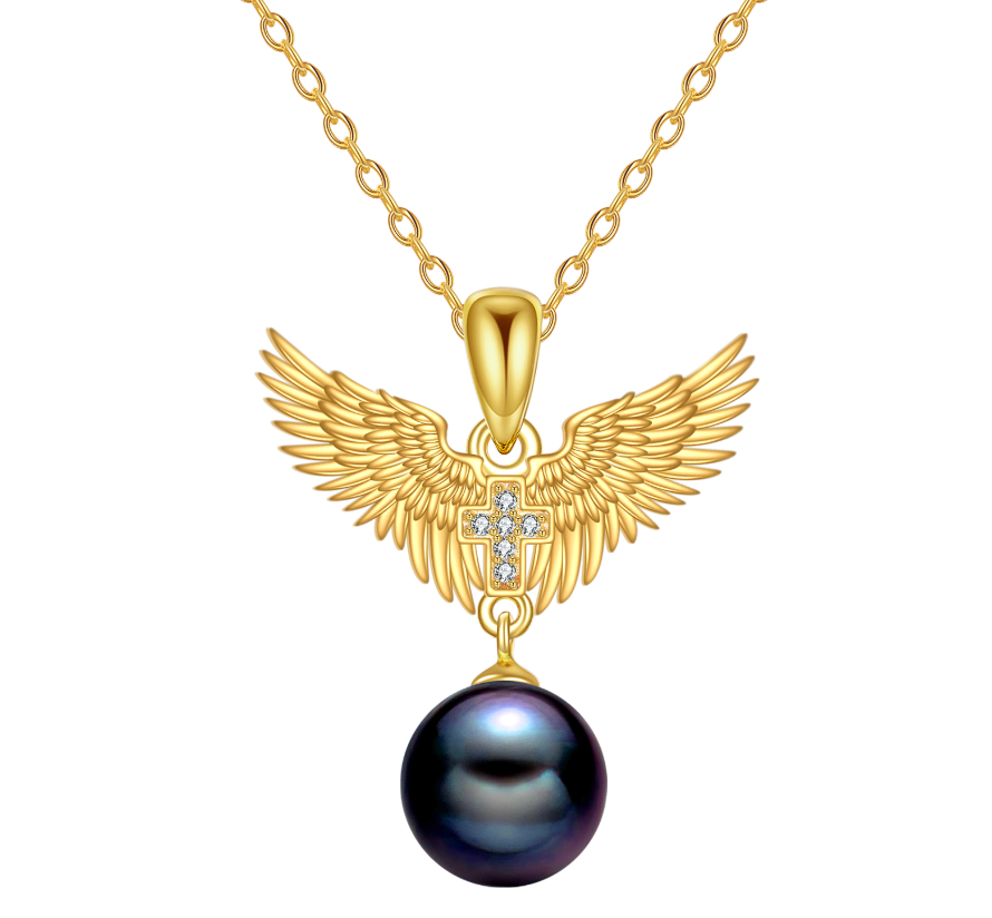 14K Gold Pearl Angel Wing Pendant Necklace for Women-1