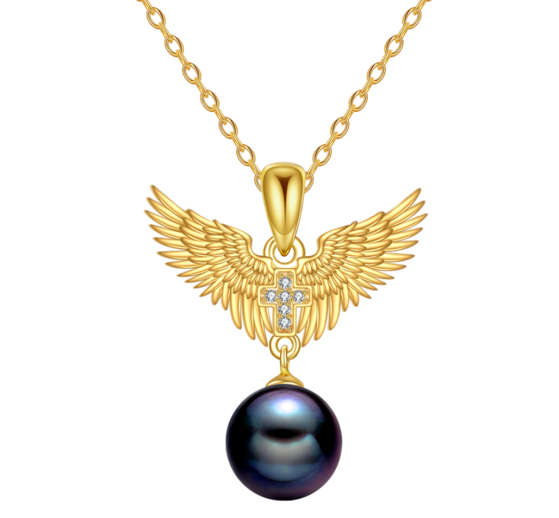 10K Gold Pearl Angel Wing Pendant Necklace for Women-16