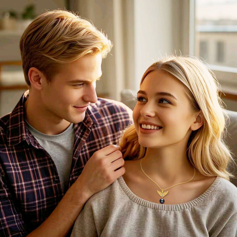 10K Gold Pearl Angel Wing Pendant Necklace for Women-2