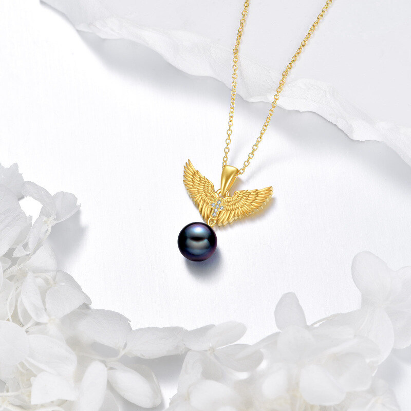 10K Gold Pearl Angel Wing Pendant Necklace for Women-3