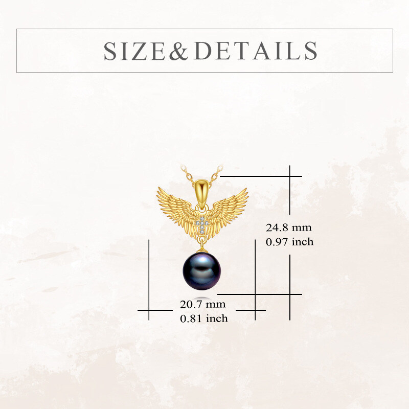 10K Gold Pearl Angel Wing Pendant Necklace for Women-4
