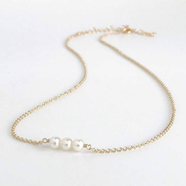 14K Gold Pearl Bar Pendant Necklace-3