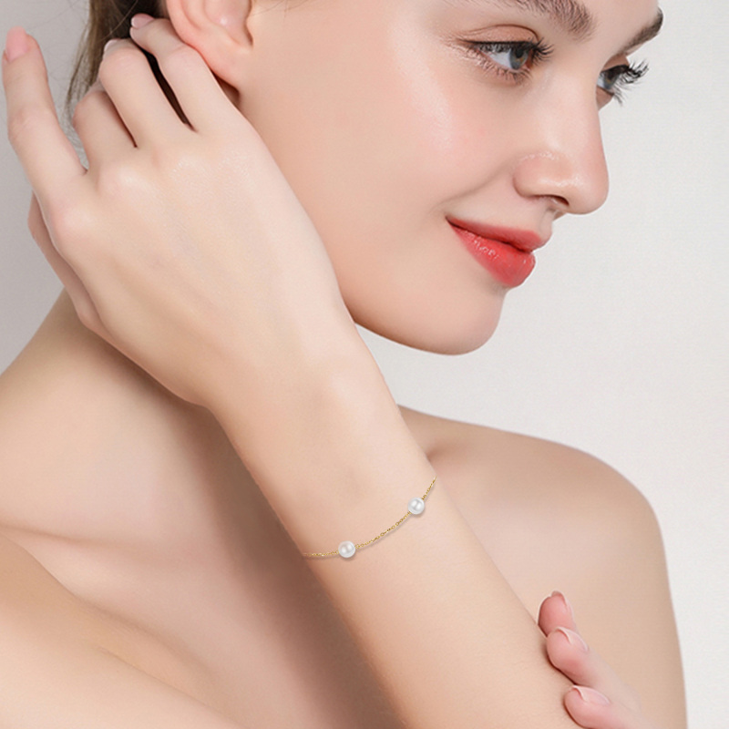 Pulsera de cadena con cuentas de perlas de oro blanco de 10 quilates-2