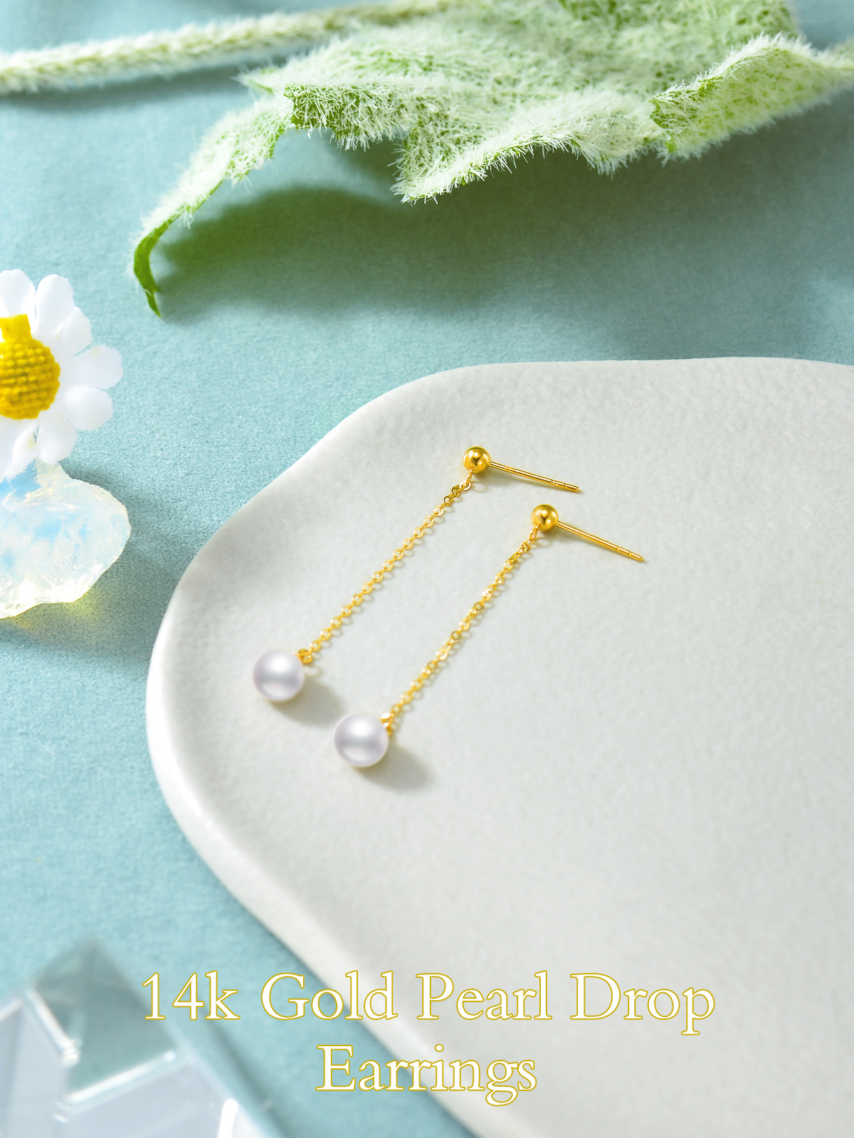 10K Gold Pearl Bead Drop Earrings-3