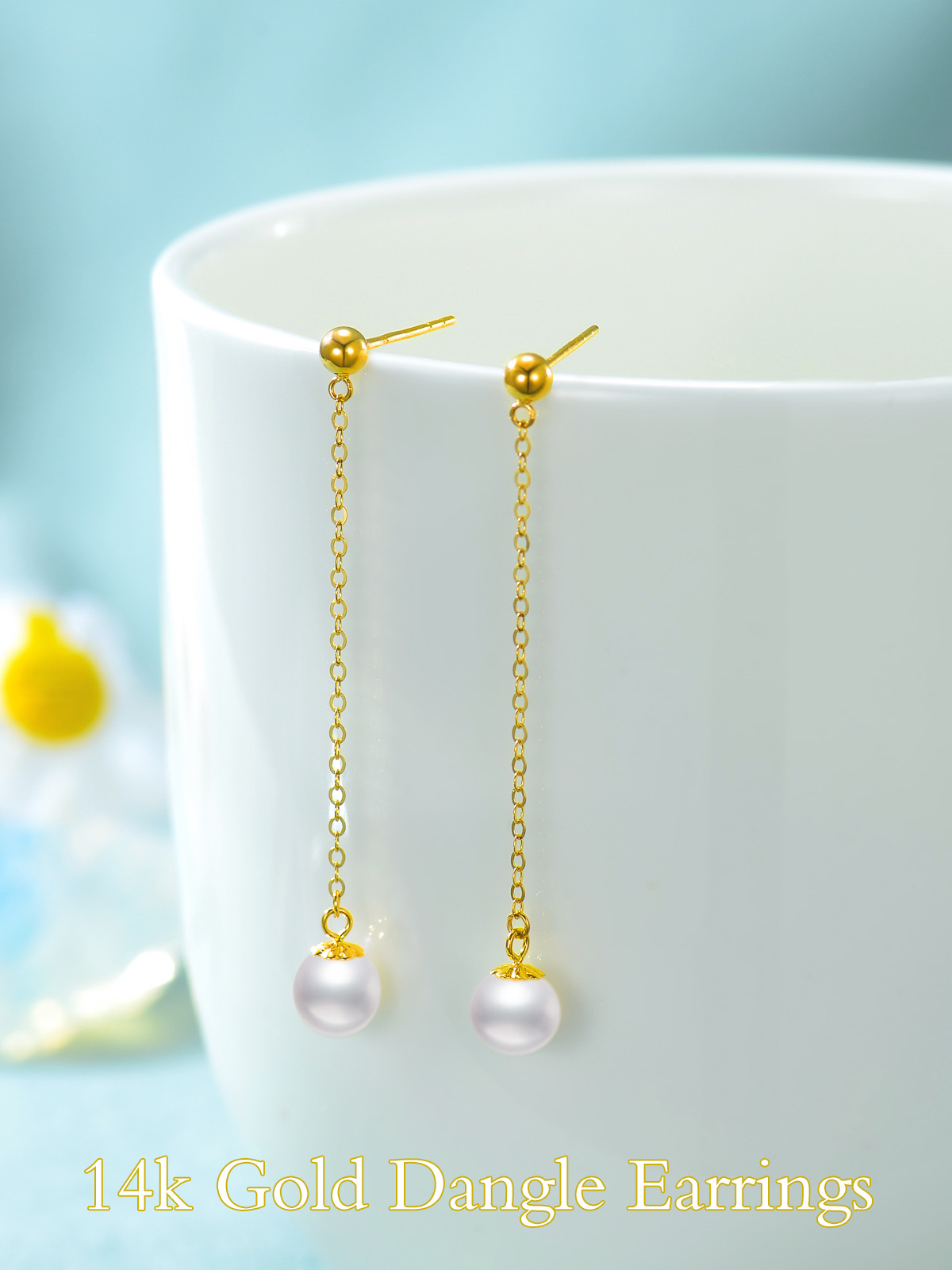 10K Gold Pearl Bead Drop Earrings-4