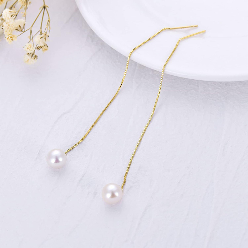 10K Gold Pearl Bead Drop Earrings-3