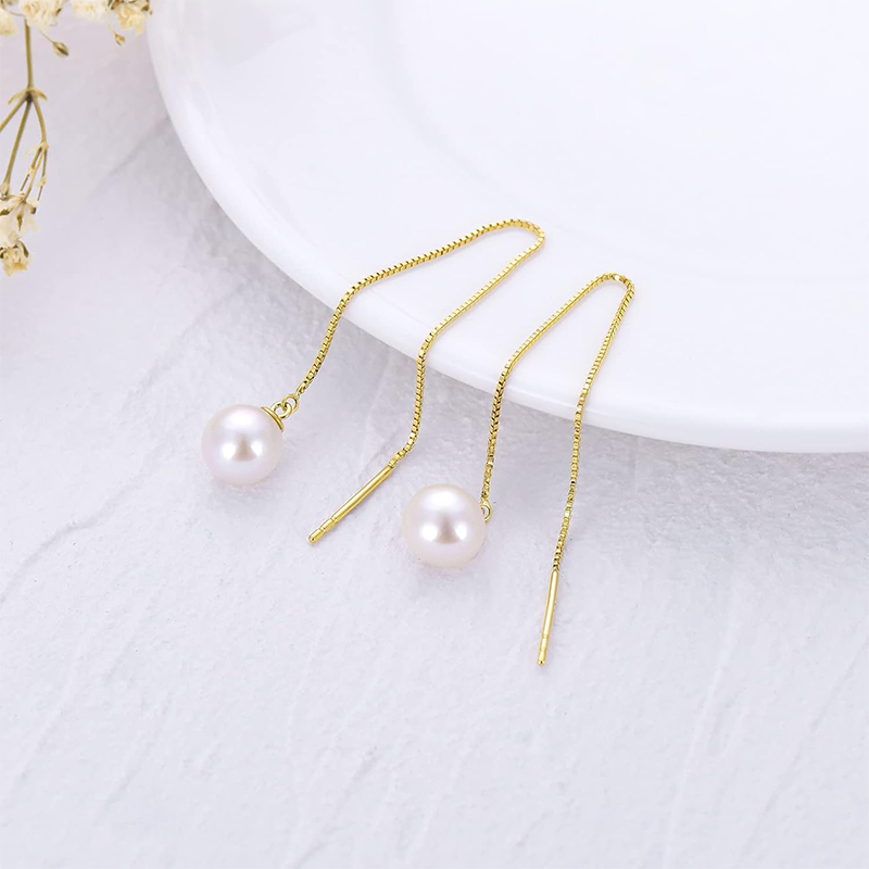 10K Gold Pearl Bead Drop Earrings-4