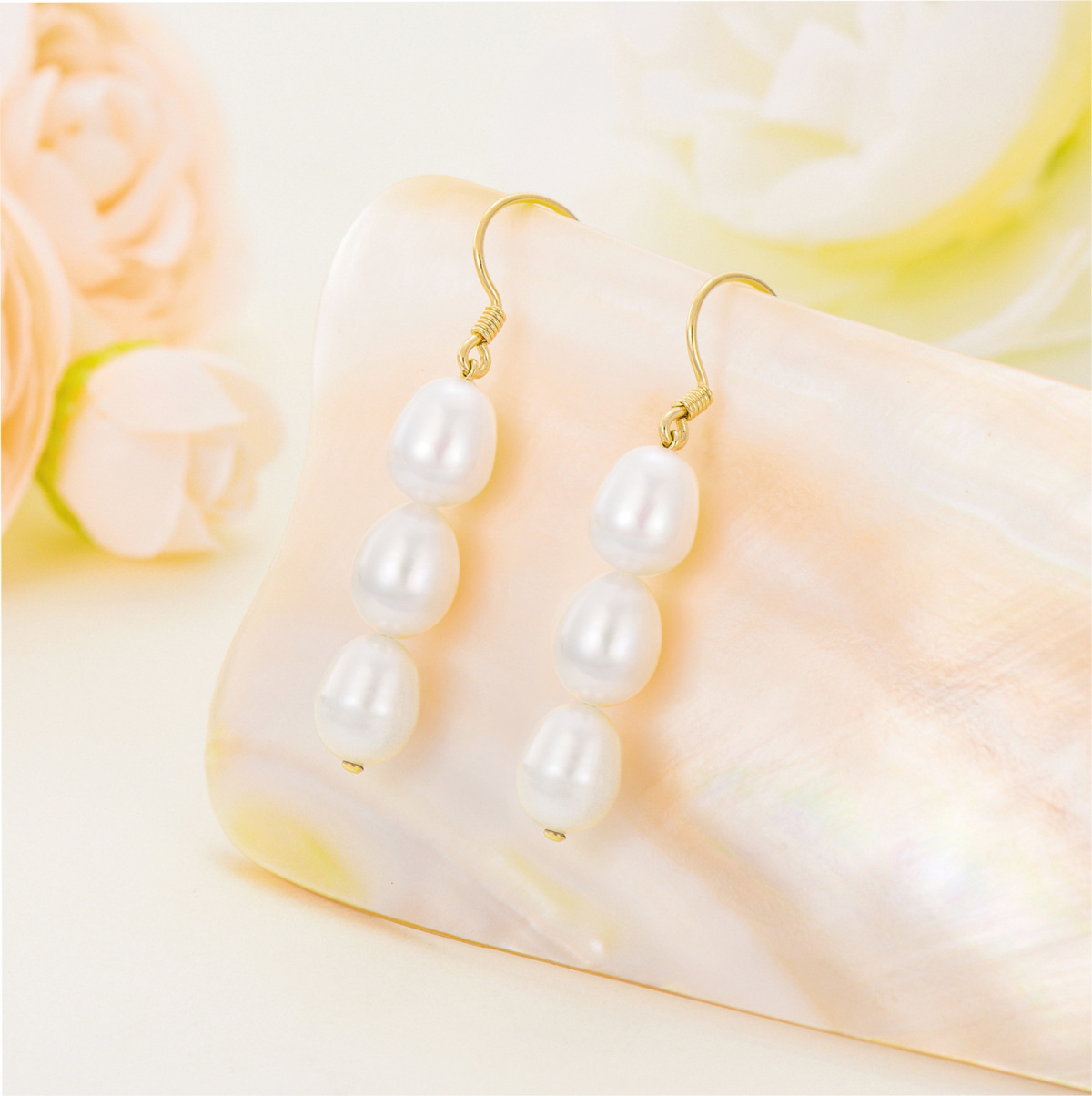 10K Gold Pearl Bead Drop Earrings-3