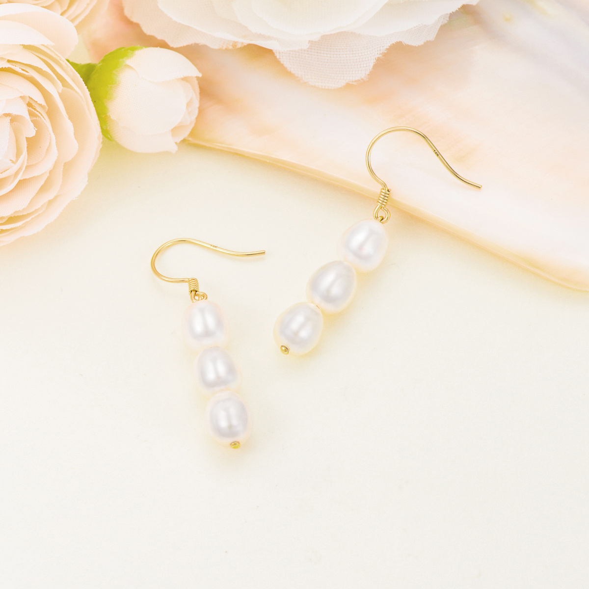 10K Gold Pearl Bead Drop Earrings-4