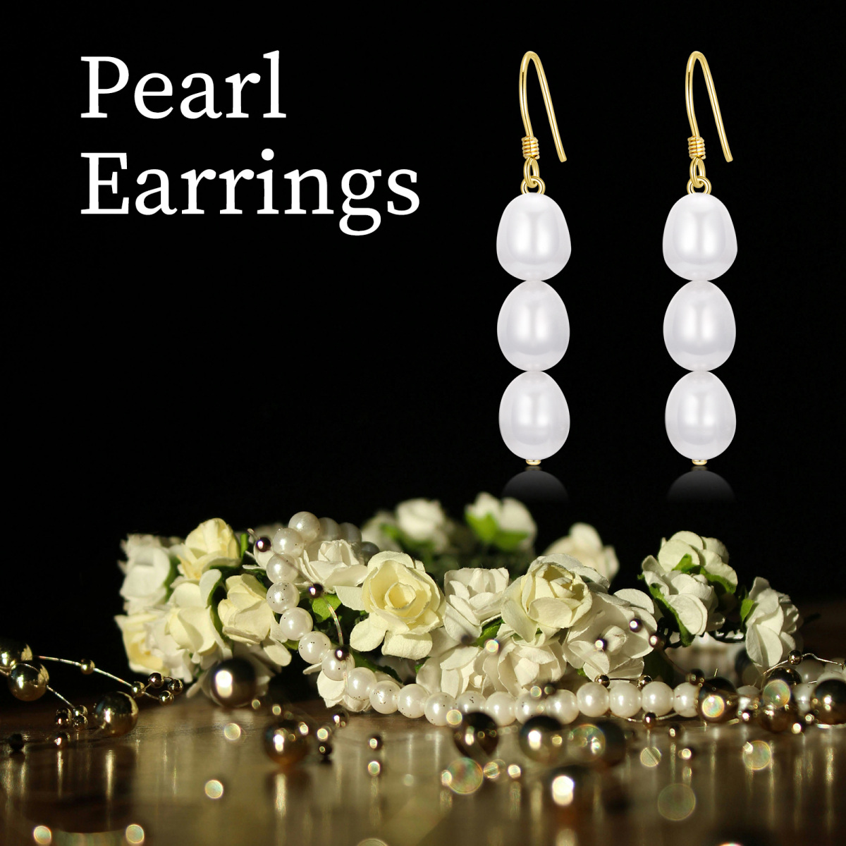 10K Gold Pearl Bead Drop Earrings-6