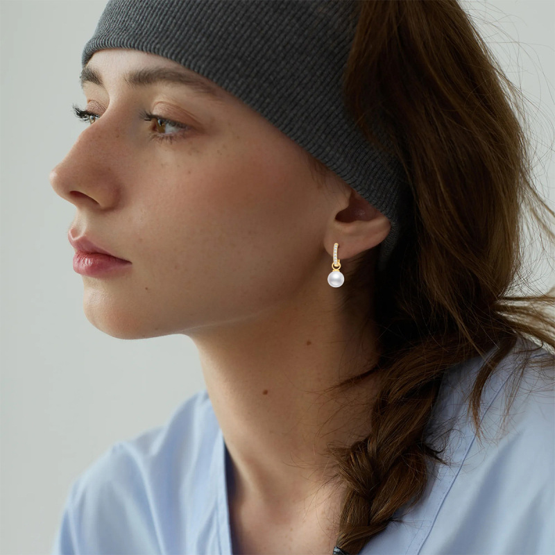 10K Gold Cubic Zirconia & Pearl Bead Drop Earrings for Women-2