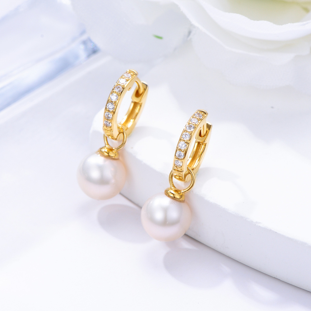 10K Gold Cubic Zirconia & Pearl Bead Drop Earrings for Women-3