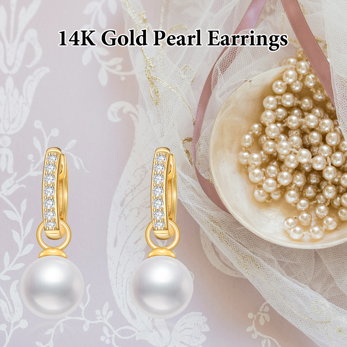 14K Gold Cubic Zirconia & Pearl Bead Drop Earrings for Women-6