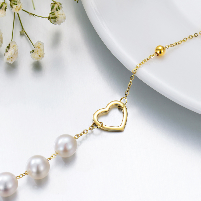 10K White Gold Pearl Bead & Heart Metal Beads Bracelet-3