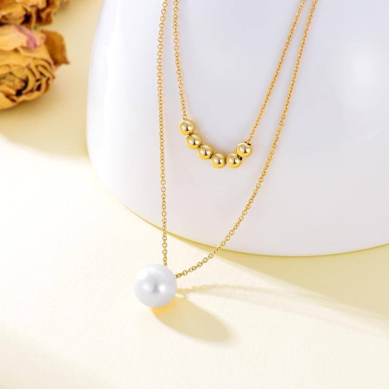 10K Gold Pearl Bead Pendant Necklace-3