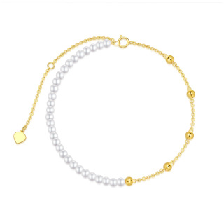 10K Gold Pearl Bead Bead Station Chain Bracelet For Women-53