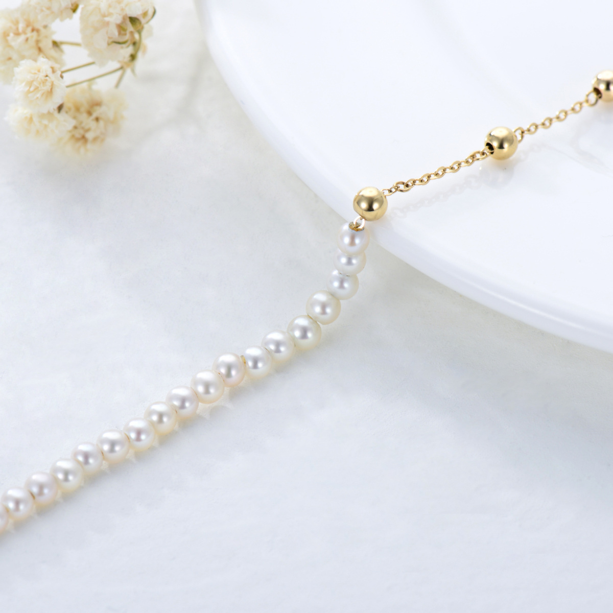 10K Gold Pearl Bead Bead Station Chain Bracelet For Women-4