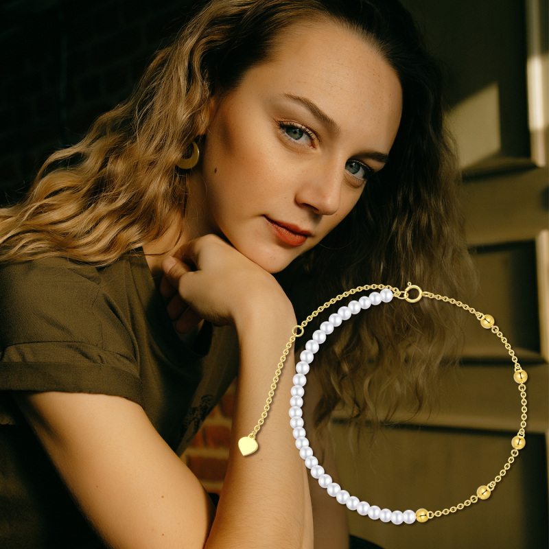 14K Gold Pearl Bead Bead Station Chain Bracelet For Women-6