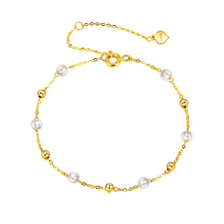 10K Gold Pearl Bead Bead Station Chain Bracelet For Women-32