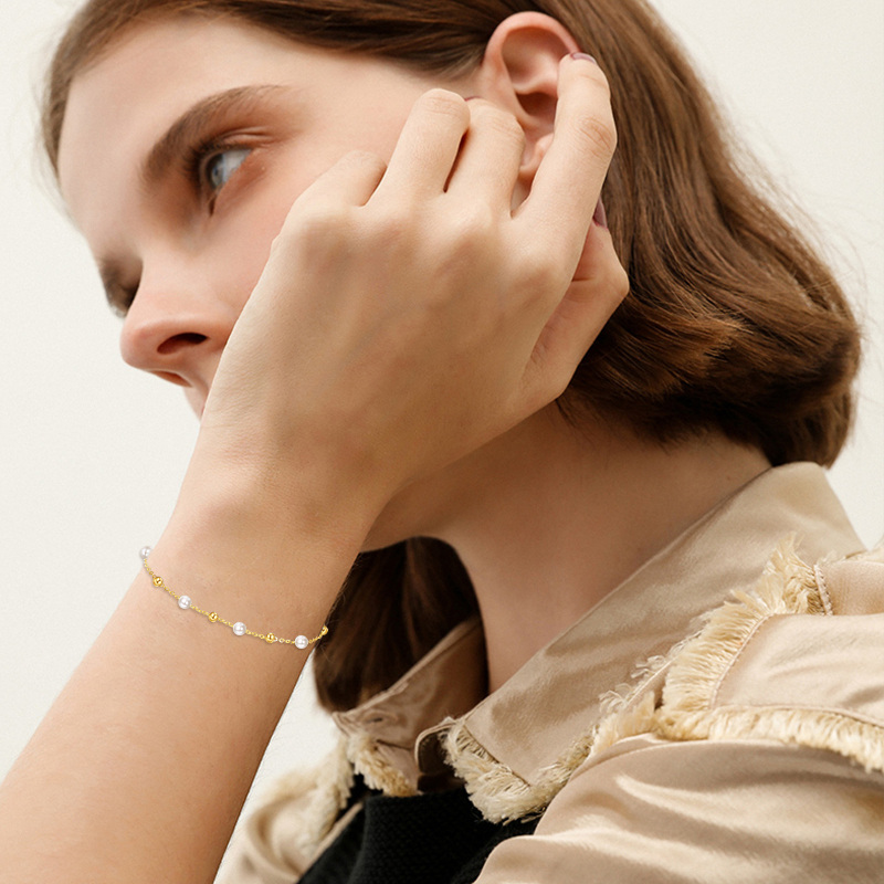 10K White Gold Pearl Bead Bead Station Chain Bracelet-2