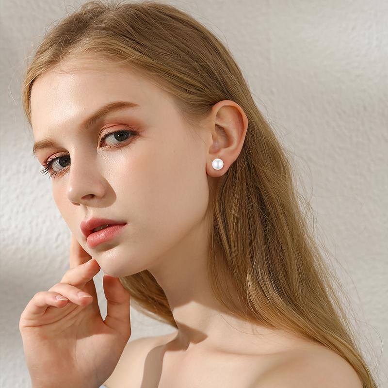 10K White Gold Pearl Bead Stud Earrings-2